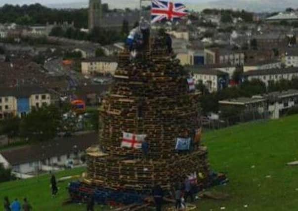 One of the Londonderry bonfires before it was ignited on Saturday night