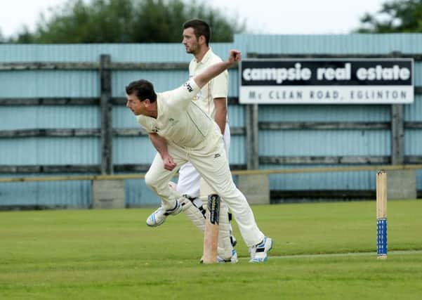 Ardmore bowler Gerard Brolly on his way to taking 7 Brigade wickets at Beechgrove on Saturday. INLS3315-113KM