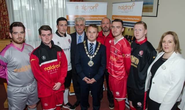 Announcing the sponsorship are (L-R): Patrick Rogan (Goal keeping coach), players Darrach Mallon and Conor McCarthy, Brian Tracey (Manger, Maldron Hotel Belfast), Mayor of Antrim and Newtownabbey Thomas Hogg, Colin Telford (Crewe United Manager), players Mark McCullough and Michael ONeill and Naomi  Wilson (Sales & Marketing Executive Maldron Hotel Belfast).