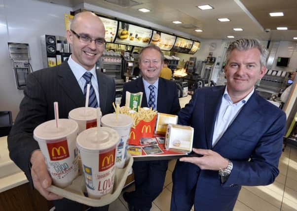 Lurgan based packaging company, Huhtamaki and Delta Packaging Ltd, which both supply
paper-based products to McDonalds in the UK and Ireland, such as cup carriers and chip cartons, have joined forces in a bid to reuse and recycle off-cuts in their production processes to reduce the restaurant chains waste kilometres by up to 20,000 a year. General Manager at Huhtamaki Lurgan, Philip Woolsey alongside McDonalds franchisee, Des Lamph and Director of Delta Packaging Ltd, Neal McCone have provided a great example of local companies partnering for the greener good of both the local environment and mutual client McDonalds.