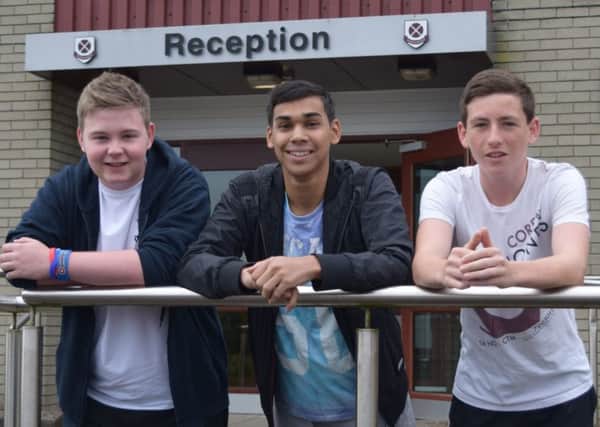 Results smiles for Ryan Lynn, Joseph Kennedy and Andrew Milligan at Cullybackey College. Picture submitted.