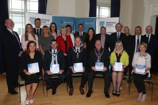 Representatives of the various sponsors of  the annual Ballymena Business Excellence Awards pictured with Ballymena Chamber of Commerce President Alan Stewart, Mayor of Ballymena & East Antrim Cllr Billy Ashe, deputy mayor Cllr Timothy Gaston and Ballymena Borough Council Chief Executive Anne Donaghy at the Awards launch.INBT32-100JC