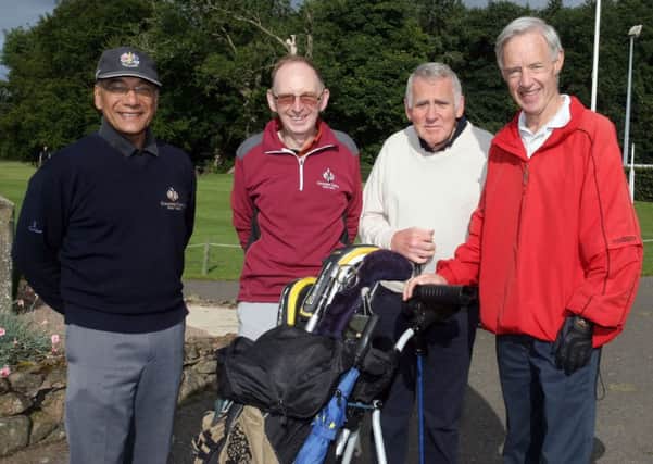 Amar Dan, John McGrath, George Irwin and David Mudd waiting for their tee time at Galgorm Castle Golf Club. INBT34-243AC