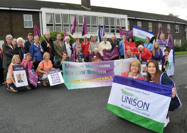 Stephanie Greenwood Unison Northern Health Branch and Sylvia Mawhinney Senior Care Westlands captured during Saturday evening's  visual demonstration  against the closure of Westlands Home.INMM3515-402