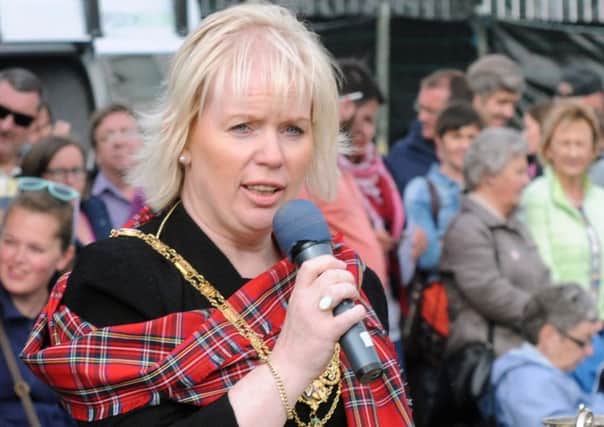 The Chieftain of the Gathering, Councillor Michelle Knight-McQuillan (Mayor of Causeway Coast and Glens Borough Council) pictured addressing the gathering at the North West Pipe Band & Drum Majors Championships at Portrush on Saturday 22nd August.