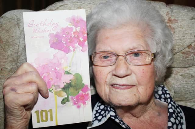 Mollie Holmes OBE and former Mayor of Ballymoney who turned 101 on Monday. PICTURE MARK JAMIESON.