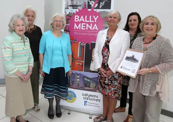 Members of committee of Ballymena Festival of Music, Speech & Drama at last week's announcement of a grant from the Heritage Lottery Fund for the centenary festival history project in 2016. 
L-R, Irene Cumming, Dorothy Colie, Joyce Coulter, Delia Close and  Hazel Bonar. Included is Mid & East Antrim Council Arts & Events Development Officer Rosalind Lowry. INBT 36-100JC