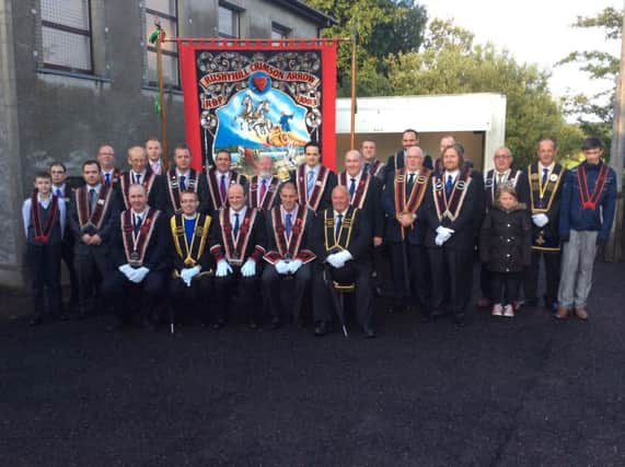 Sir Knights of Rushyhill Crimson Arrow RBP 1003 with their recently unfurled new banner. Included are Sir Knight Kenneth Hull DCGM and Sir Knight Rev David McCarthy DC, DCGC,.