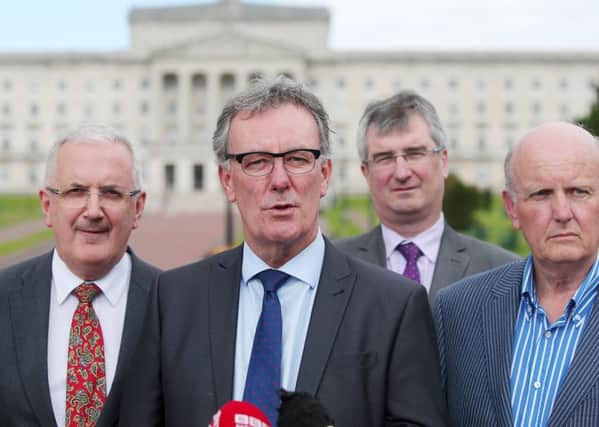 Ulster Unionist party leader Mike Nesbitt leads a party delegation to Stormont House to meet the Secretary of State regarding the existence of the Provisional IRA following the murder of Kevin McGuigan