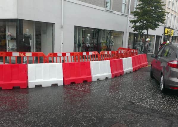 The barriers which have been placed at the corner of Wellington Street/Ballymoney Street to facilitate the ongoing town centre Publc Realm Scheme. (Editorial Image).