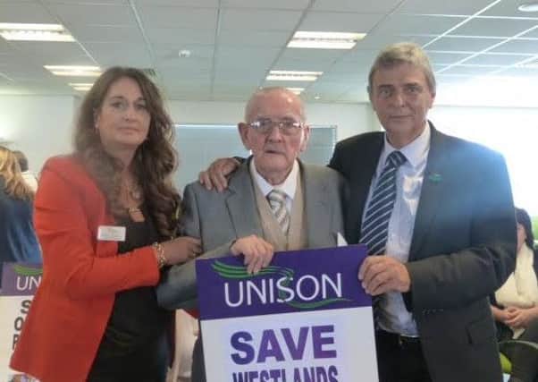 Clifford Devlin, centre, with UNISON chief David Prentis and Stephanie Greenwood, UNISON Branch Secretary