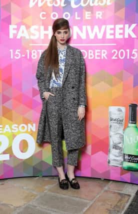 Lauryn wears Paul Smith Print Blouse, £135.00, Paul Smith Tweed Trouser, £190.00, Paul Smith Coat, £399.00 from Excel Clothing at West Coast Cooler Fashionweek.