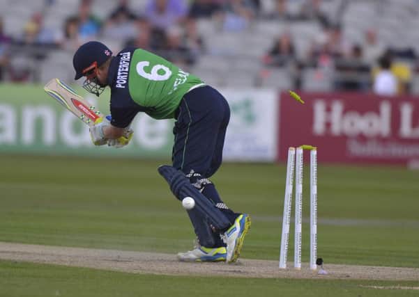 Ireland captain William Porterfield is bowled by Australia Mitchell Starc. Picture by Rowland White/PressEye