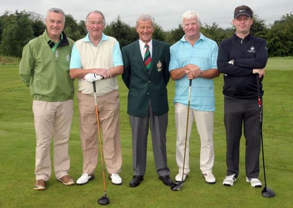 Galgorm Golf Club President Trevor Todd is pictured with starter Lyle Foster, Denis McCarroll, David Martin and Graham Simms on the first tee. INBT35-230AC