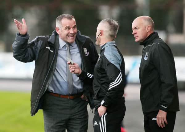 Ballymena United manager Glenn Ferguson shares his opinion with the fourth official during Friday night's draw with Carrick Rangers. Picture: Press Eye.