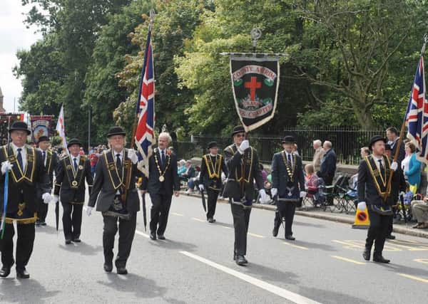 County Antrim Grand Black Chapter office bearers pictured heading up the parade at the County Antrim Grand Black Chapter demonstration in Lisburn. Pic by John Kelly