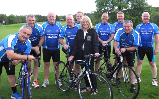 Alongside Margaret Harrison (Lady Captain) in their new jerseys prior to the event kindly part sponsored by Andrew Morris Golf and Rockmount Golf Club are the nine cyclists, Colin Childs, Jeff Lamb, Barry Douds, Ed
Donaldson (Captain), Martin Lawther, Henry Moore, Darren Majury, Peter O'Hara and Stevie Anderson.