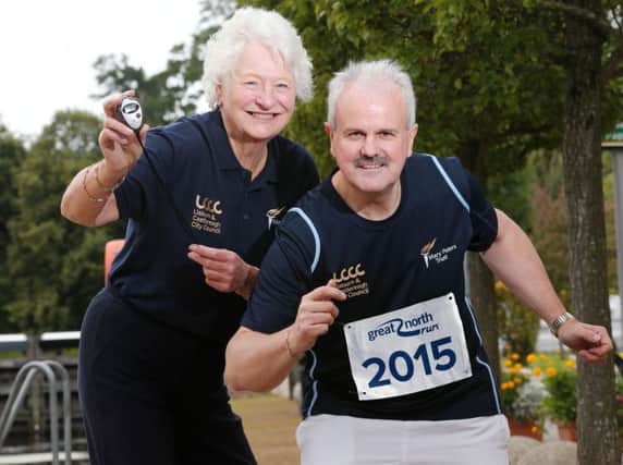 Dame Mary Peters CH DBE wishes the Mayor of Lisburn & Castlereagh City Council, Councillor Thomas Beckett all the best as he prepares to participate in the Great North Run. Picture by Darren Kidd / Press Eye.