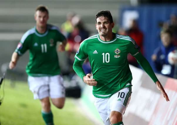 Northern Ireland's Kyle Lafferty celebrates scoring against Hungary during Monday nights Euro 2016 Qualifier game at Windsor Park. Picture by William Cherry