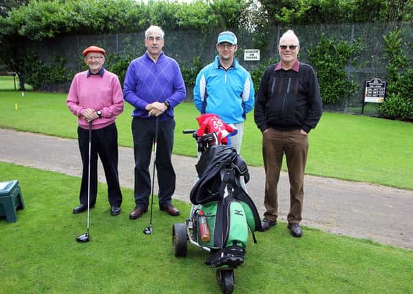 Vincey Greenwood, Brian Russell, Stephen Russell and Willie Humphrey prepare to tee off in the Edwin May stableford event at Raceview. INBT 36-802H
