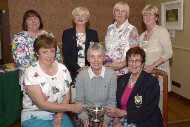 Lady President Glennis Smith and Susan Magennis (best gross) presented the Past Lady Captains Cup, presented to Banbridge Golf Club by the Late Joan Holton and Glennis Smith in 1986, to winner Mikdred Hodgett, included are section winners Liz Armstrong and Sharon Allen, Lady Captain lorna Poots and Immediate Past Lady Captain Denise McBrien ©Edward Byrne Photography INBL1536-205EB