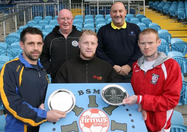 Donald Crawford of Firmus Energy is pictured with the Ballymena Saturday Morning League players of the month Sean Ward (Carnlough Swifts, Division 2), Gary Glass (Cullybackey Olympic, Divison 3), and league officials Brian Montgomery (secretary) and Davy King (Chairman). Absent is Divison 1 winner Robbie Sutherland of Clough. INBT37-205AC