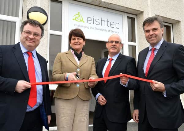Silverwood Business Park company, Eishtec, is creating 320 call centre jobs within the next year. Pictured at the official announcement last Thursday are from left, Stephen Farry, MLA, Minister for Employment and Learning, Arlene Foster, MLA, Minister of Enterprise, Trade and Investment, Colm Tracey, owner/director of Eishtec, and Alastair Hamilton, chief executive, Invest NI. INLM15-201.