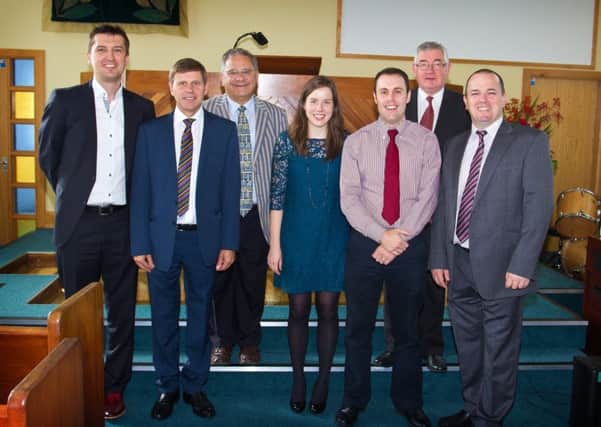 New Assistant Pastor Simon Curry and his wife Shirley pictured with Pastor John Gault, guest speaker Roger Carswell and elders of Larne Baptist Church.  INLT 37-663-CON