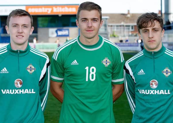 Glenavon's James Singleton (left) and Joel Cooper (right) with former Mourneview Park favourite Robbie McDaid - now at Leeds United - before kick-off on Saturday for Northern Ireland under 21s. Pics by Alan Weir.INLM37-101