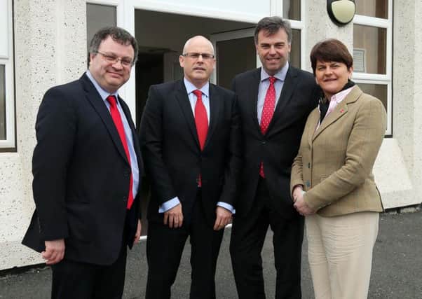 Enterprise, Trade and Investment Minister Arlene Foster and Minister for Employment and Learning, Dr Stephen Farry are pictured with Colm Tracey, Eishtec Ltd Operational Director, after announcing that the company is setting up a customer service centre in Craigavon that will create up to 320 jobs over the next three years.

Also pictured is Alastair Hamilton, Chief Executive, Invest NI.

Picture by Kelvin Boyes  / Press Eye.