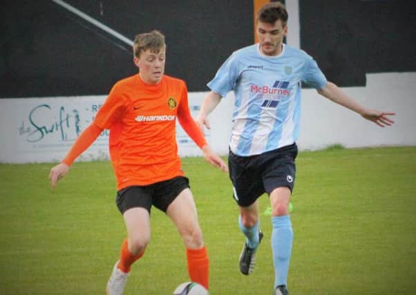 Gavin Taggart, along with Tony Kane, is back in Ballymena United manager Glenn Ferguson's plans after being suspended. He is pictured here in last week's reserve team fixture at Carrick, in action against his former Showgrounds club-mate Jake Carson, who has signed for Carrick.