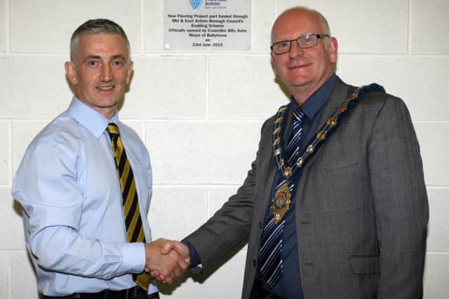 David Toney, of The Dojo, pictured with Mayor of Mid and East Antrim Council, Cllr. Billy Ashe, who officially opened their premises at Woodside Industrial Estate. INBT27-219AC