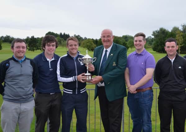 Foyle Golf Club Total Golf Scratch Cup winners from left to right: Damien McKenna (Third); Caolan Dunn (Second); Kealan Quigg (Winner); Mr Peter Fallon (Captain); Ruari Moore (Winner 5-9 Gross); Kieran Berryman (Best 2nd Round Gross); Paul McGuigan (Rep. Sponsor Total Golf & Best 1st Round Gross) and John Spence (Second 5-9 Gross).