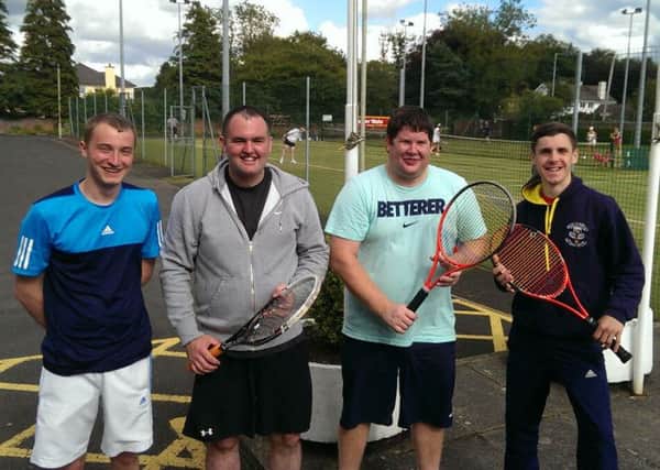 Jordan Wallace (Limavady), Michael Miskelly (Coleraine), Martin Fryer (City of Derry) and Adrian Ford (City of Derry) winners and runners up of B Men's Doubles in Limavady. INLS38-Tennis 1