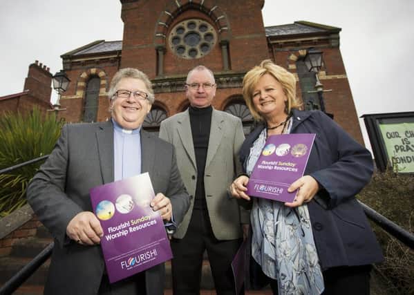 Pictured (l-r) are Reverend Mervyn Ewing (Methodist Church in Ireland), Father Brendan McManus (Jesuit community) and Jo Murphy (Manager of Lighthouse Ireland). INNT 38-505CON