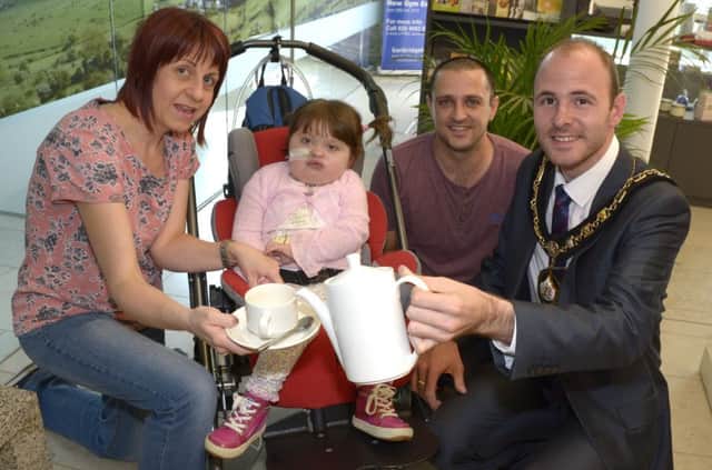 Lord Mayor Darryn Causby along with the McKee family Aaron, Judith and Grace launch the Coffee Morning in aid of Donard School and Heartbest Trust which takes place in the Old Town Hall, Banbridge on Saturday 26th September from 10:00 am to 3:00 pm ©Edward Byrne Photography INBL1537-209EB