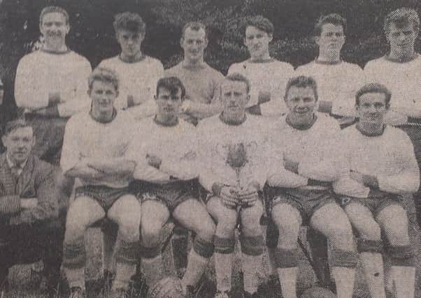 Moyola Park FC  who won the 1965 Dungannon and District League. Front row, from left, R. Trainor, M. Mills, D. Evans, W. Lennox, J. Evans, M. McSwiggan. Standing - S. Dixon (referee), F. Rainey, J. Bell, D. Blair, G. Watters, J. Dawson and B. Averill.