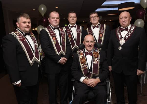 Jim Brownlee, right, Governor of the General Committee of the Apprentice Boys of Derry, pictured with officers of the No Surrender Parent Club, Philip Gillen, front, Treasurer, and from left, Peter Ross, Chaplain, Johnathan Acheson, President, Gordon Porter Jnr, Vice President, and Gordon Porter, Secretary, during the 150th anniversary gala ball held in the Maldron Hotel by the No Surrender Parent Club. INLS3715-125KM