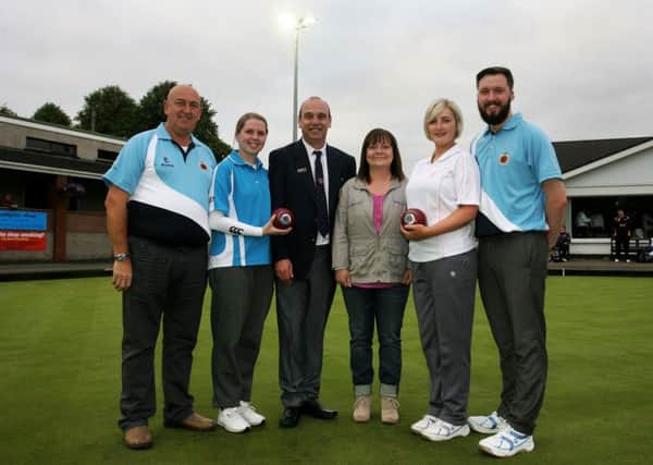 Karen Magrath, wife of the late Bryan Magrath, launches the annual Michelin sponsored Floodlit Bowls tournament at Ballymena Bowling Club along with Arnold Kenny, Megan Wilson, George Graham (President), Erin Smyth and Chris Wilson. INBT38-205AC