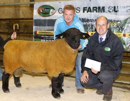 James Delargy GLENS FARM SUPPLIES presenting club vice chairman
 Jason Watson with sponsorship ahead of the suffolk show & sale in Armoy market.