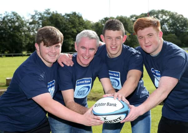 Pictured celebrating Ballyclare RFCs £5000 Ulster Bank RugbyForce development award, are  Matthew Coulter, Terry Robb,  Aaron Hall and David Clarke. INNT 38-829CON
