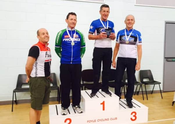 Ballymena Road Club's Michael Carroll (first) and Ronnie Grant (third) after the Ulster over-60 road race championship.