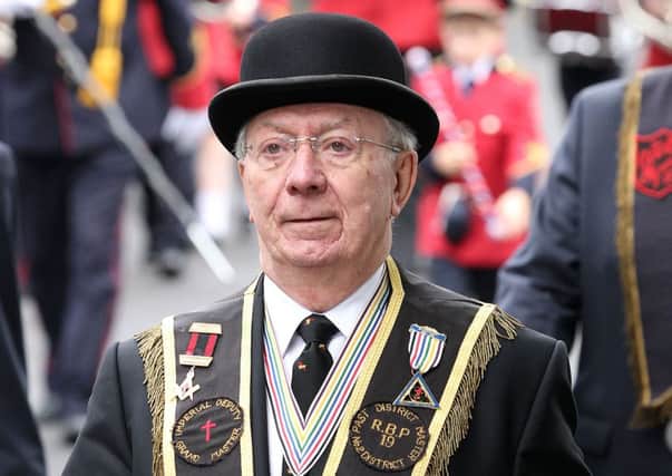 Imperial Deputy Grand Master Sam Gardiner MLA on parade at the Royal Black Institution  Last Saturday parade, Armagh.
Picture by Brian Little