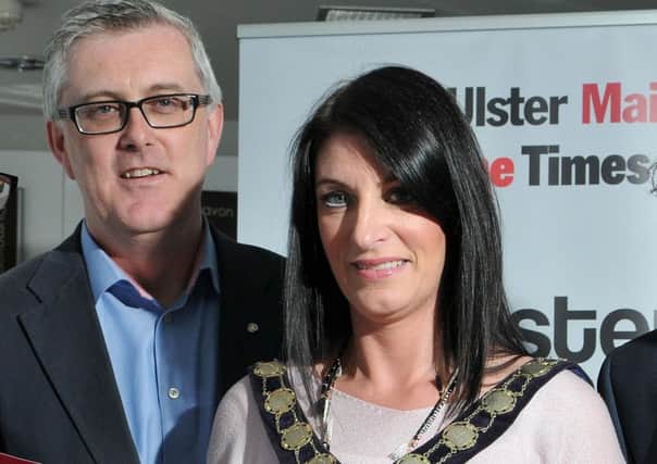 Mid-Ulster District Council Chairperson Linda Dillon who officially launched the 2015 Mid-Ulster Mail & Tyrone Times Mid-Ulster Business Awards with  Brian MacAuley.