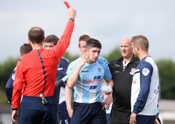 Ballymena United defender Michael Ruddy shows the result of Shane McCabe's retaliation following the incident which led to the dismissal of both players in Saturday's match against Ballinamallard. Picture: Press Eye.