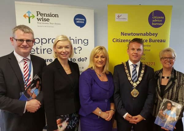 Pol Callaghan, Executive Director Citizens Advice, Kelly Andrews, Citizens Advice, Melanie Humphrey, Chairperson Citizens Advice Newtownabbey, Mayor Thomas Hogg, and Pat Hutchinson MBE, District Manager Citizens Advice Newtownabbey.