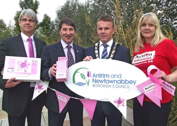 The Mayor is joined by Gareth Kirk, Chief Executive of Action Cancer and Lawrence & Marion Fisher from the Action Cancer Whiteabbey Volunteer Group to promote the Pink the Town Pink campaign.
