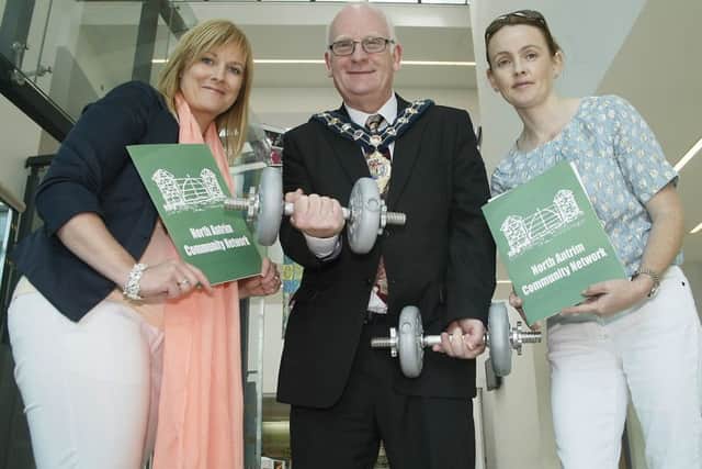 Katrina McCaughan, Sports Development Officer, MEA Council, Cllr Billy Ashe, Mayor, MEA Council and Breige Conway, Manager, North Antrim Community Network pictured at the launch of next month's 'information and funding fair' for sporting organisations based in the Causeway Coast/Glens, Mid and East Antrim Council areas.