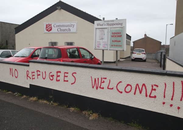 McAuley Multimedia 20th September 2015...Graffiti on the wall at the Salvation community church on Ballycastle road in Coleraine .It appeared at the weakend saying 'No  refugees welcome' a clear message for refugees that may be located in Coleraine.PICTURE STEVEN MCAULEY/MCAULEY MULITMEDIA