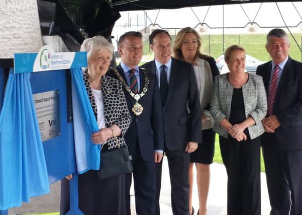 Lord Lieutenant of Co Antrim Mrs Joan Christie OBE and Councillor Thomas Hogg with guests at the official opening of the V36 park. INNT 40-800CON